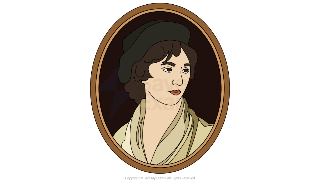Illustration of a historical figure in an oval frame, wearing a black beret and tan clothing, with short brown hair and a neutral expression.