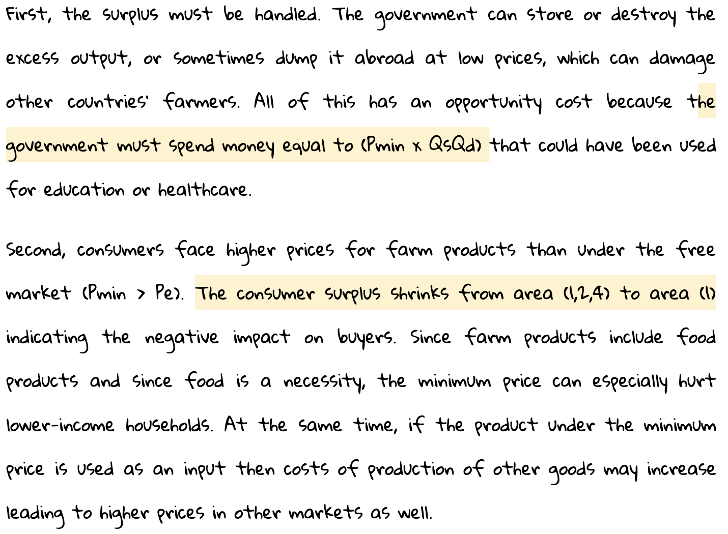Text discusses government handling of surplus, opportunity costs, and impacts of higher farm product prices on consumers, highlighting economic challenges.
