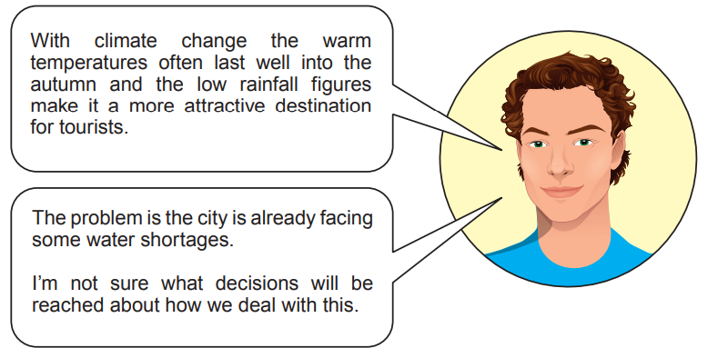 Illustration of a person with speech bubbles discussing the impact of climate change on tourism, and concerns about water shortages in the city.