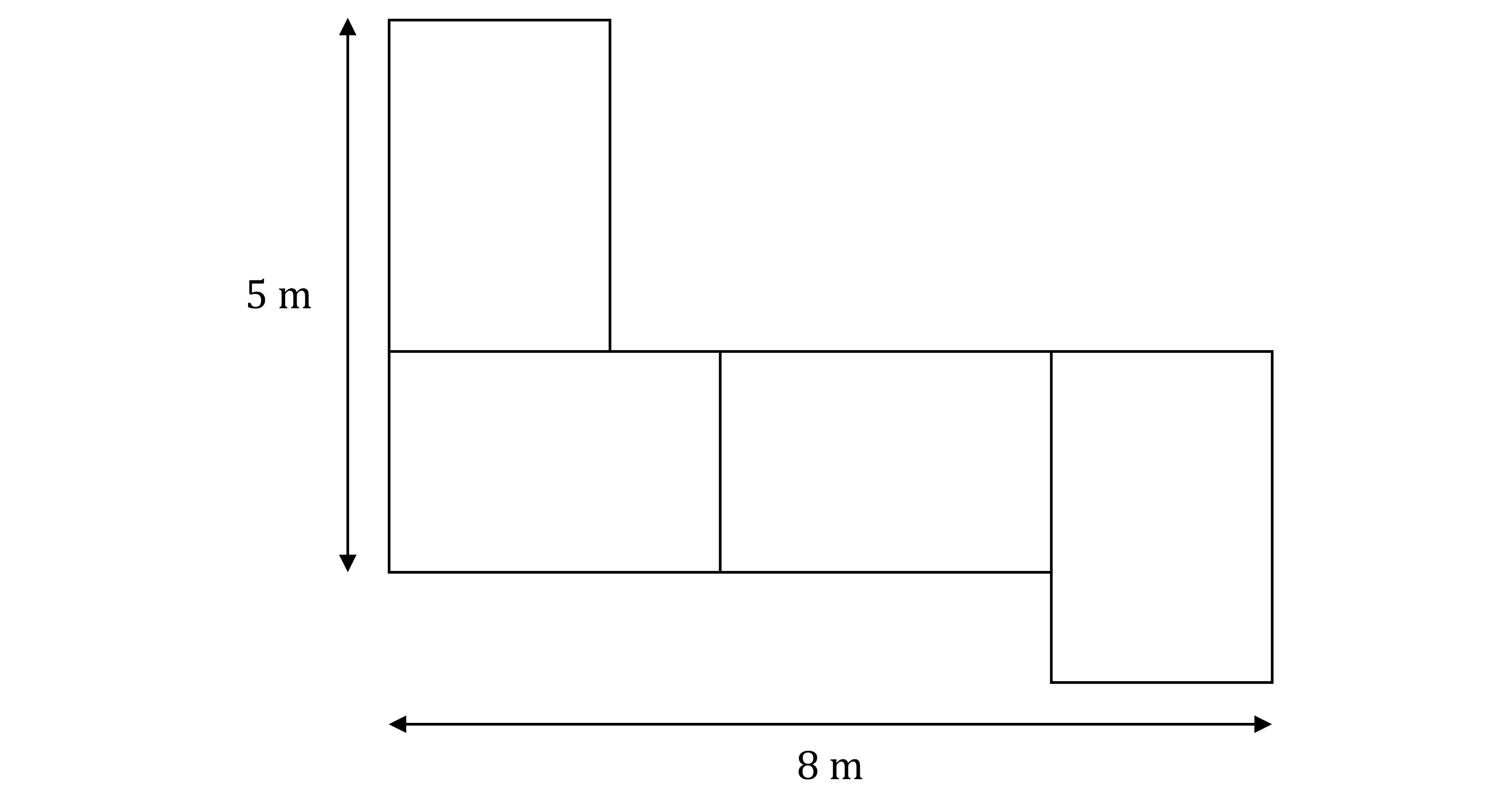 Diagram of an L-shaped figure composed of four rectangles. The vertical side measures 5 metres, and the horizontal side measures 8 metres.