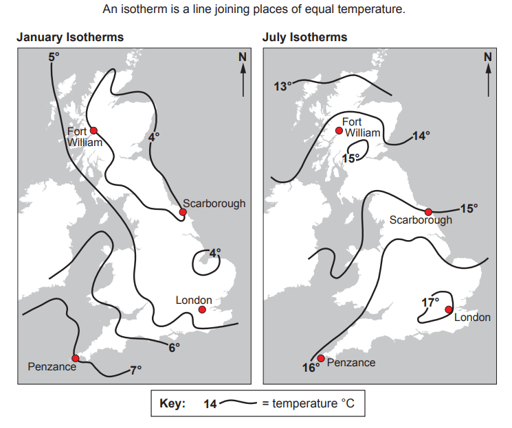 Two maps of the UK show January and July isotherms with temperatures in °C at Fort William, Scarborough, London, and Penzance, marked as red dots.