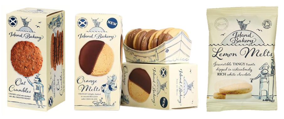 Three Island Bakery biscuit packages: Oat Crumbles, Orange Melts, and Lemon Melts. Each package features artistic designs and Scottish branding elements.
