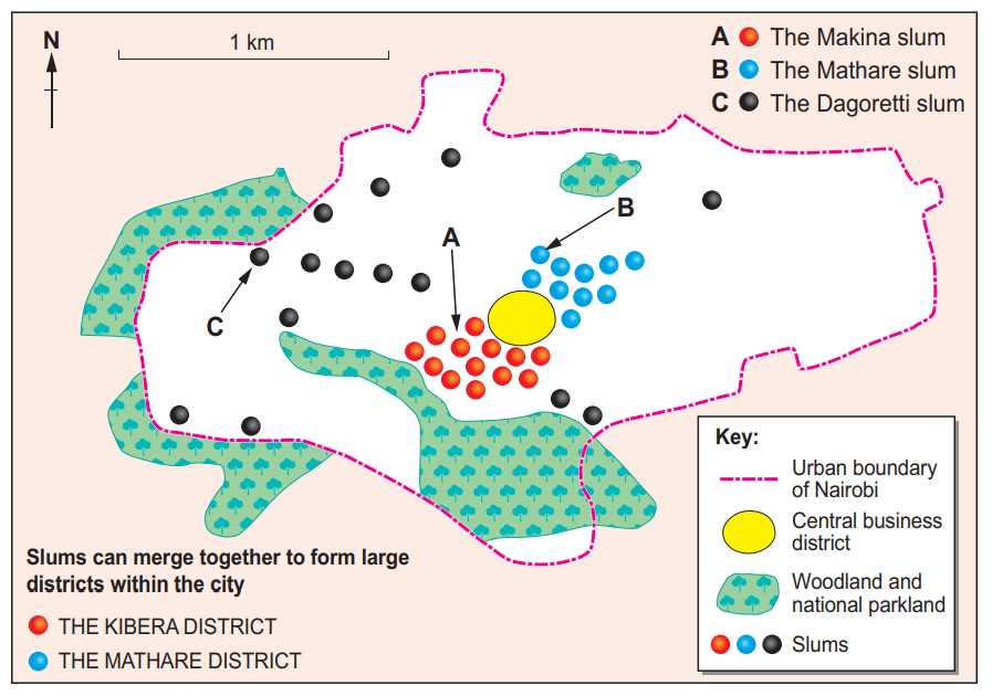 Map showing Nairobi's urban boundary with slums marked in red, blue, and black, and green areas denoting woodlands. Central business district in yellow.