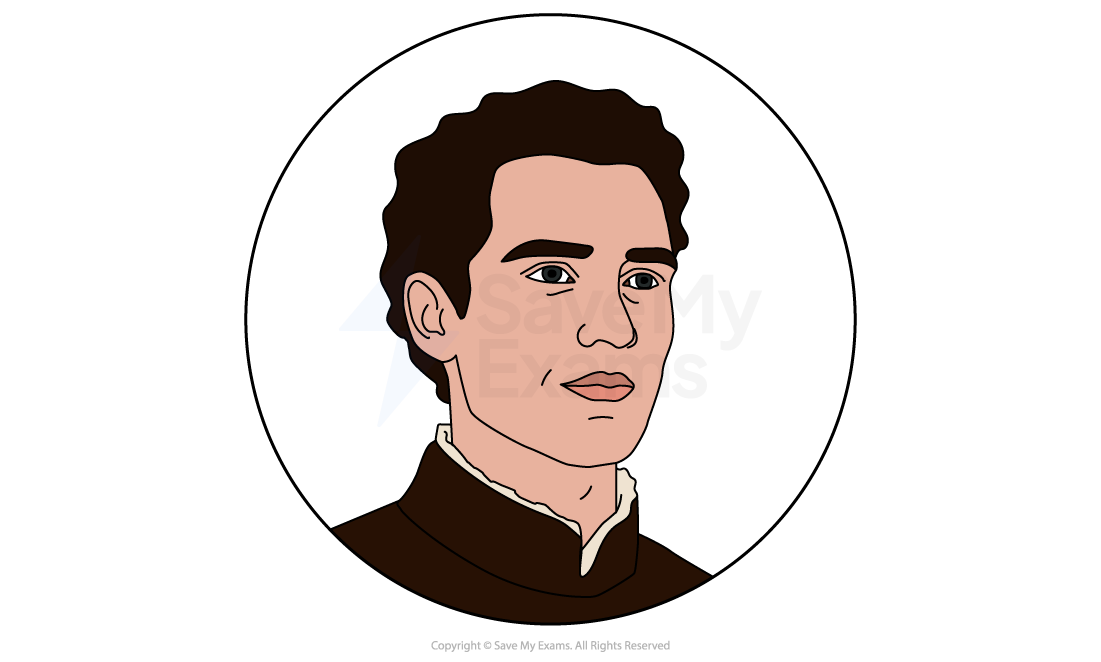Image of Cassio from Othello: Illustration of a young man with dark hair, wearing a brown high-collared shirt, facing slightly right, enclosed in a circle against a white background.