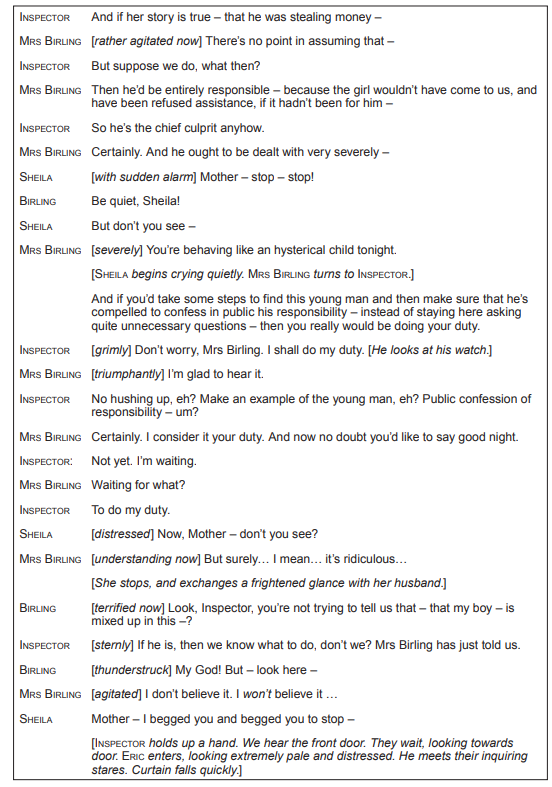 Scene from a play script with dialogue among Inspector, Mrs Birling, Sheila, and Birling, expressing tension and urgency in a dramatic moment.