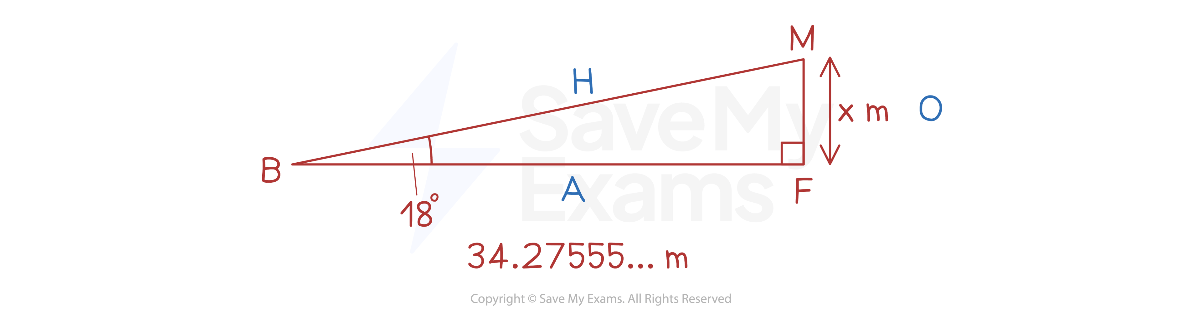 Triangle MBR with angle MPF = 18º, BF = 34.27555... m and MF = x m.
