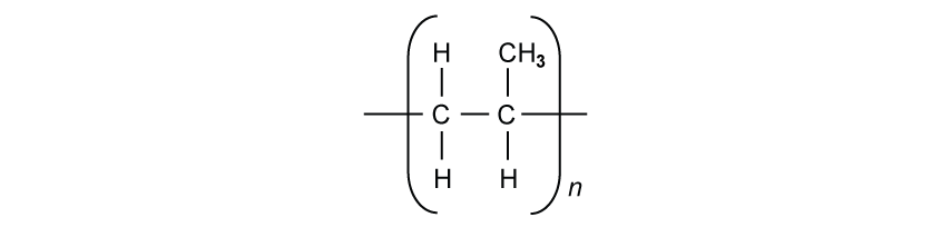 Chemical structure of polypropylene, showing a repeating unit with two linked carbon atoms bonded to hydrogen and a CH3 group, enclosed in brackets.