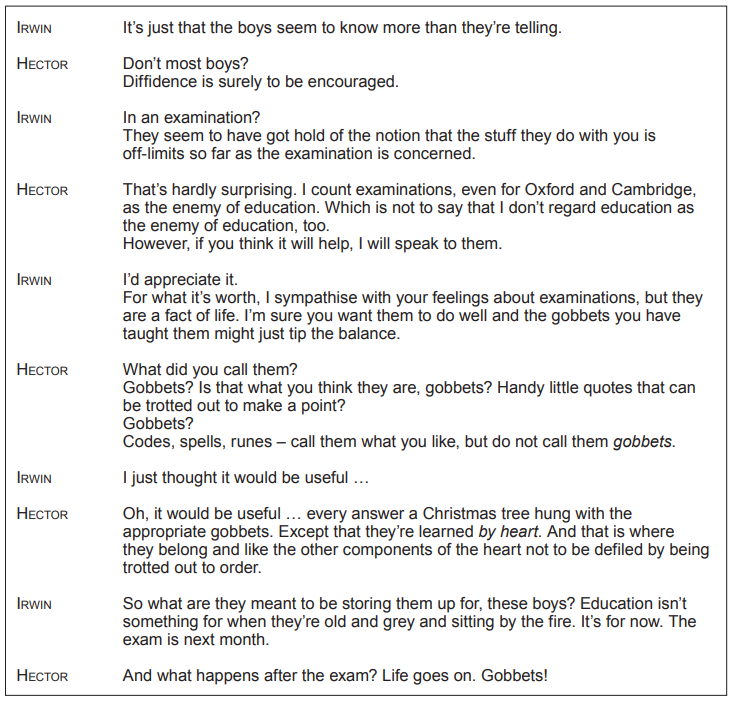Conversation between Irwin and Hector discussing education and examinations, debating the usefulness of learned information for exams versus lifelong learning.