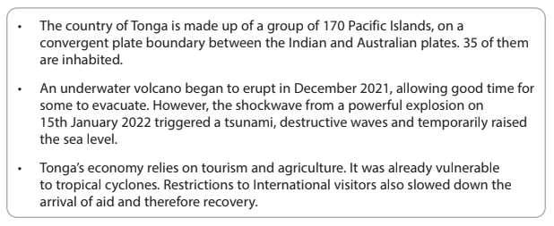 Text box summarising the impact of a volcanic eruption in Tonga in January 2022, including tsunami effects and economic challenges.