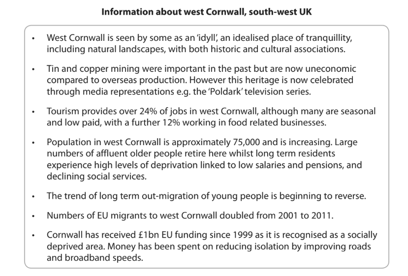 Information about west Cornwall, highlighting its idyllic nature, historical tin mining, tourism jobs, migration trends, EU funding, and population details.