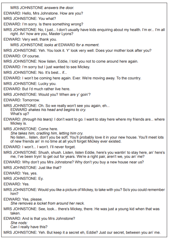 Dialogue script featuring Mrs Johnstone and Edward. Mrs Johnstone answers the door, and they discuss Edward's move away. Emotional exchange with tears and a locket.