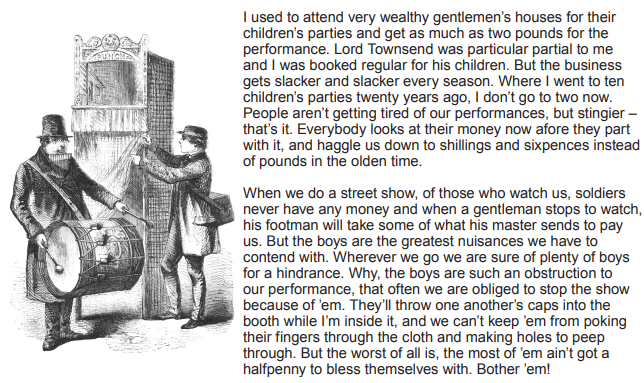 Two men perform; one plays a drum, the other a hurdy-gurdy. Text beside them describes challenges of street performances and audience interactions.