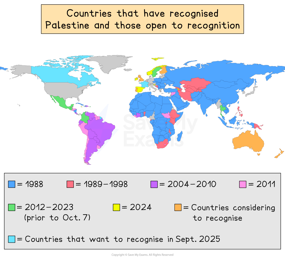 World map showing countries recognising Palestine by year and those open to recognition. Colour legend identifies years and intentions from 1988 to 2025. 