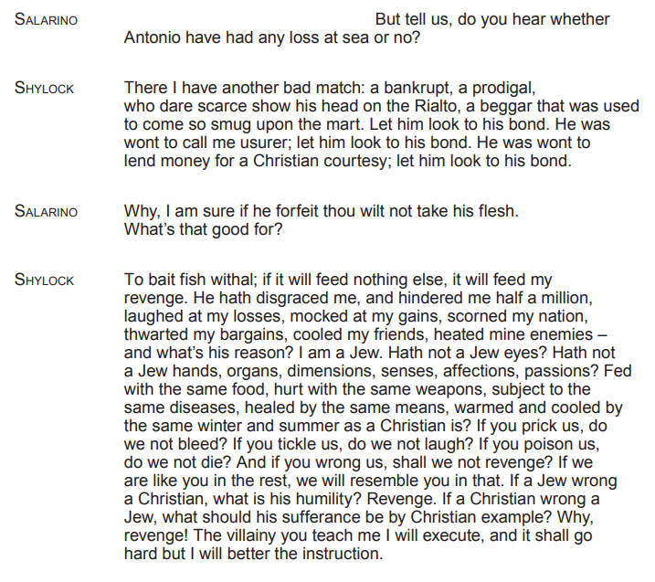 Text from Shakespeare's "The Merchant of Venice" featuring a dialogue between Salarino and Shylock discussing vengeance and justice.