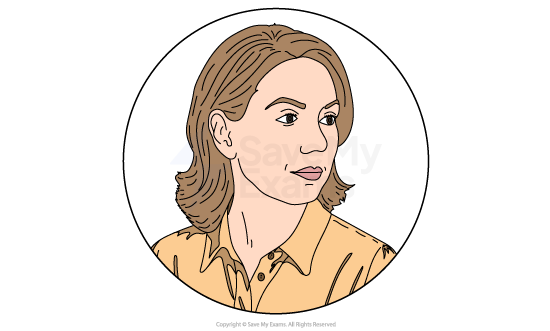 Illustration of a person with shoulder-length brown hair in a circle, looking to the side, wearing a tan collared shirt against a white background.