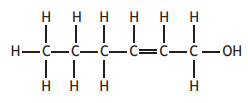 Chemical structure of hexanol showing a six-carbon chain with a double bond between the third and fourth carbon atoms and a hydroxyl group at the end.
