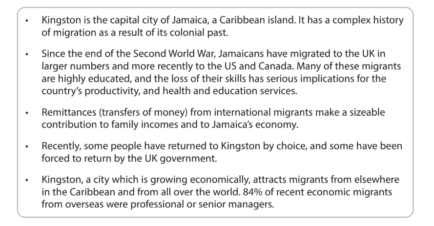 Text describing Kingston's migration history, impact of skilled migrants, remittances, and economic growth, with 84% of migrants being professionals.