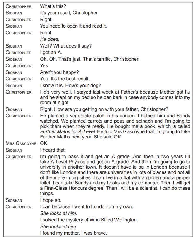Script excerpt with dialogue between Christopher, Siobhan, and Mrs Gascoyne discussing exam results, future plans, and past achievements, displaying determination.