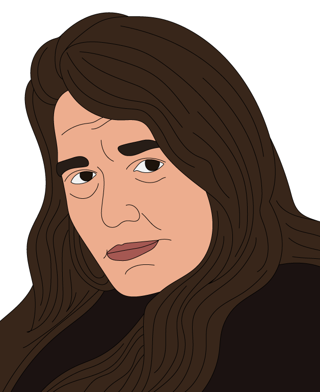 Illustrated portrait of a person with long brown hair and a neutral expression, set on a plain white background.