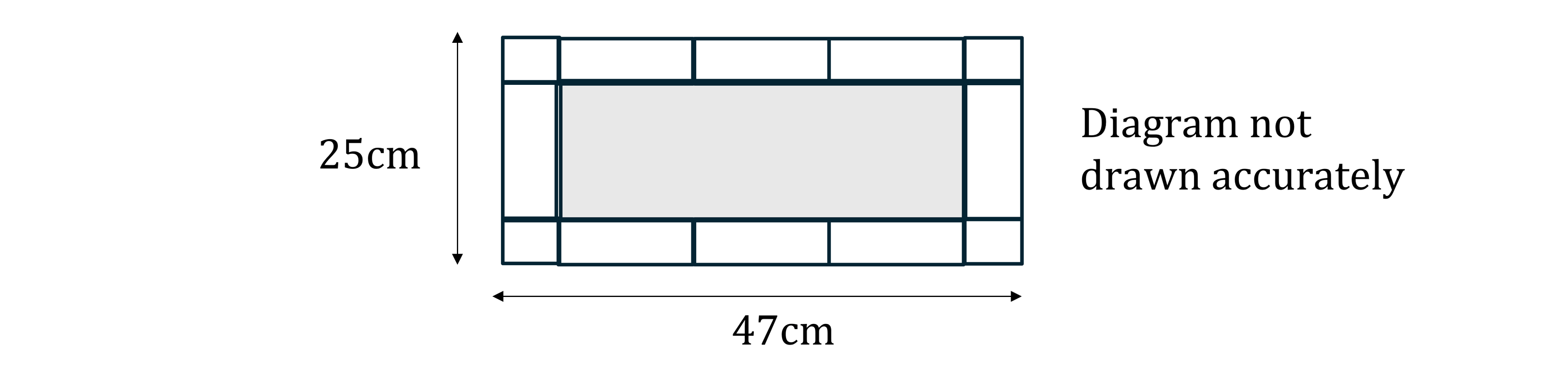A shaded rectangle in the centre. Above this, there are three equally sized white rectangles with a square on either side of them. This is replicated on the bottom of the shaded rectangle. Another rectangle that is equal in size to the white ones is on either side of the shaded rectangle. The height of the whole shape is 25cm. The base of the whole shape it 47cm. 