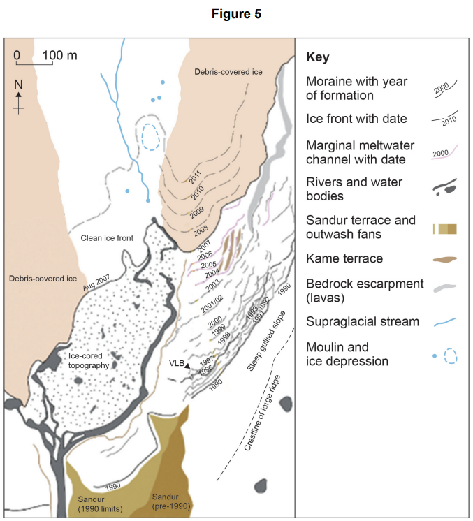 Map illustrating glacier features with key. Includes ice fronts, moraines by year, sandur terraces, and water bodies. North arrow and scale bar present.