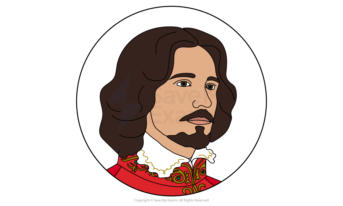 Image of Roderigo from Othello: Illustration of a man with long brown hair and a beard, wearing a red coat with gold embroidery and a white ruffled collar, against a white background.