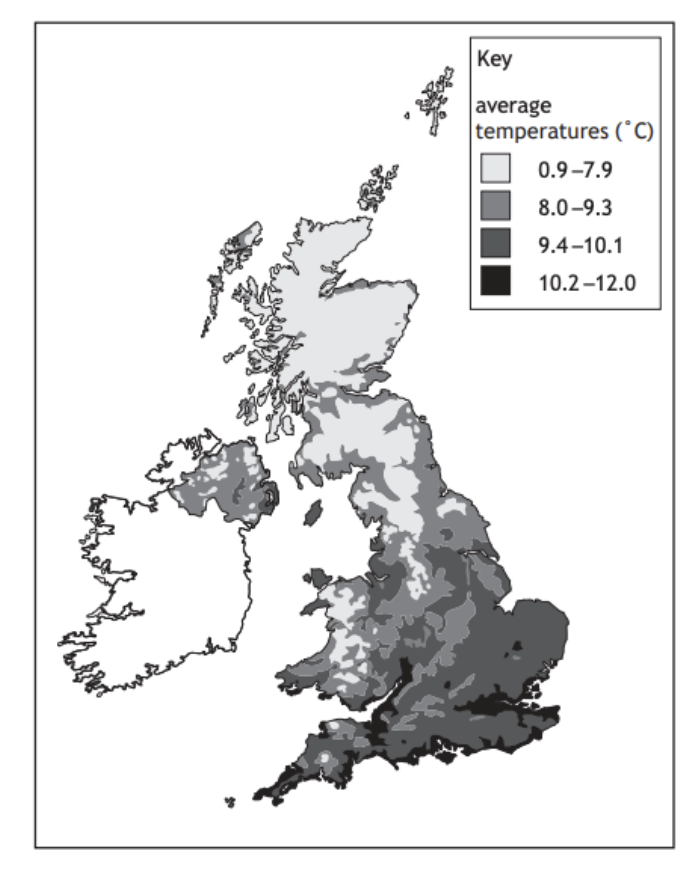 Map of the UK showing average temperatures in shades from light to dark grey, denoting increasing temperatures from 0.9°C to 12.0°C.