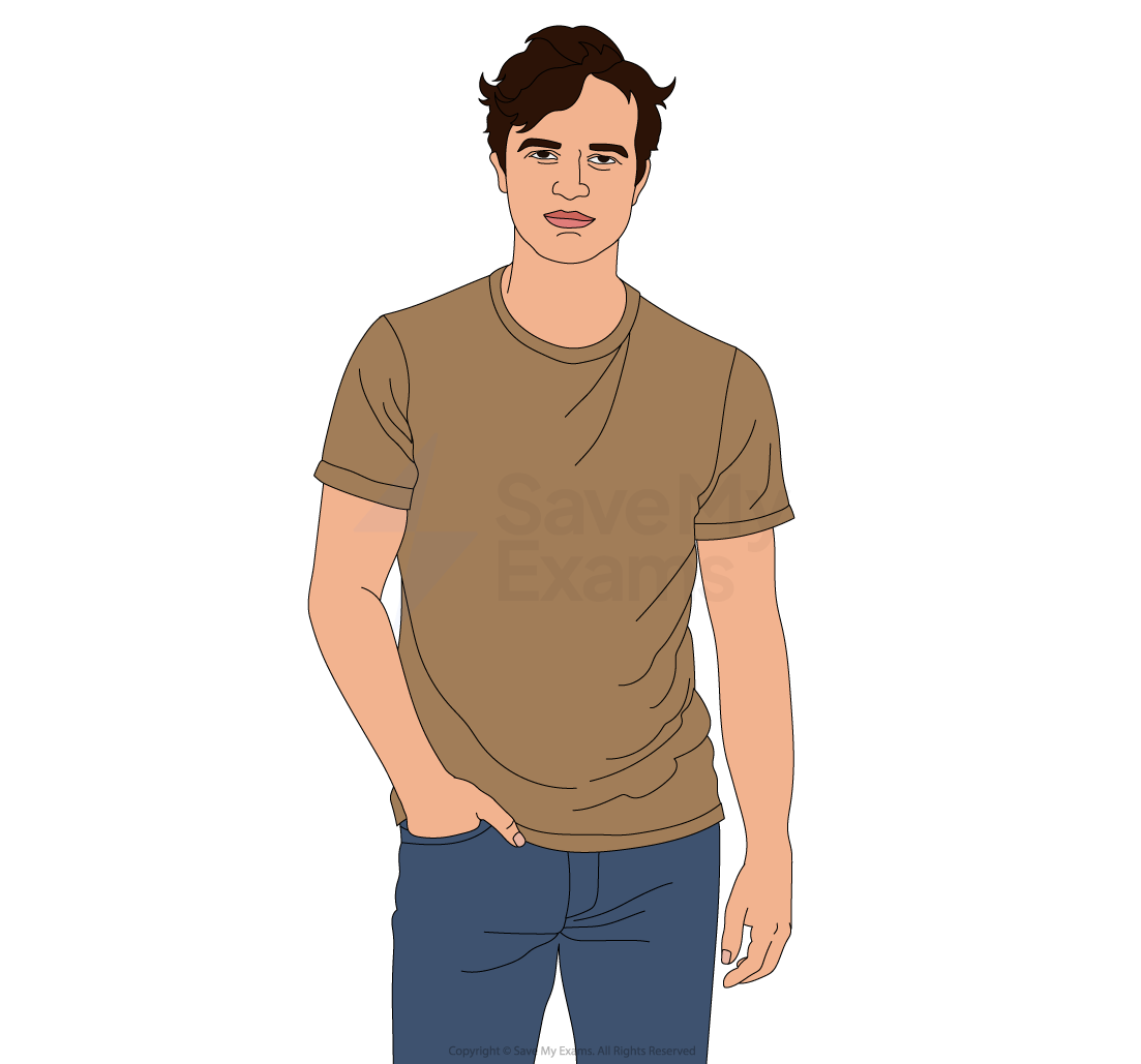 Illustration of a person with brown hair, wearing a brown T-shirt and blue jeans, standing with one hand in pocket, neutral expression.