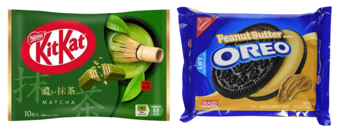 A green Kit Kat Matcha package featuring a matcha whisk and a blue Oreo package with a peanut butter filling, side by side.