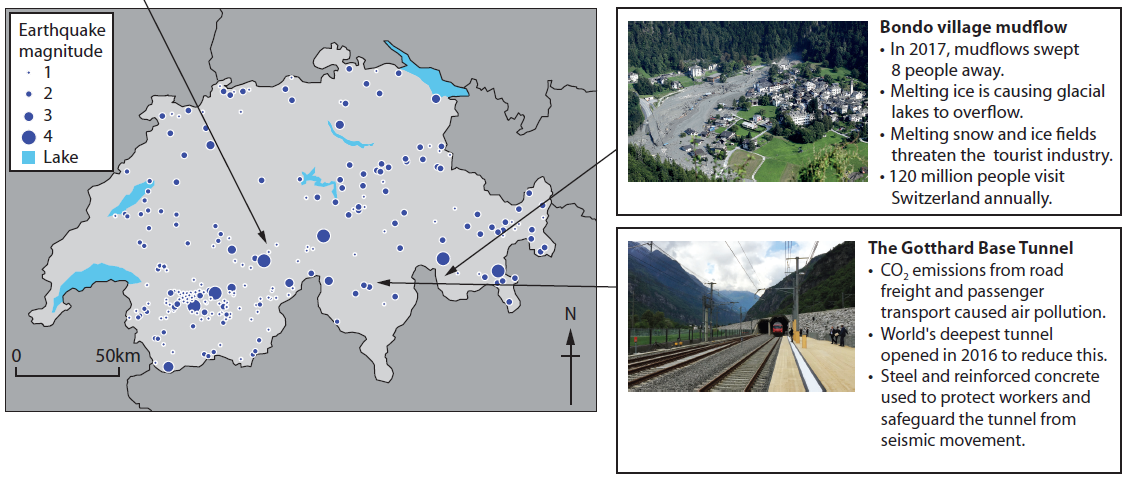 Map of Switzerland shows earthquake magnitudes, with images and notes on Bondo mudflows and Gotthard Base Tunnel. Earthquakes mainly in central areas.