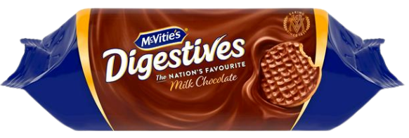 Package of McVitie's Digestives Milk Chocolate biscuits, featuring a partly unwrapped chocolate biscuit on a blue and brown background.