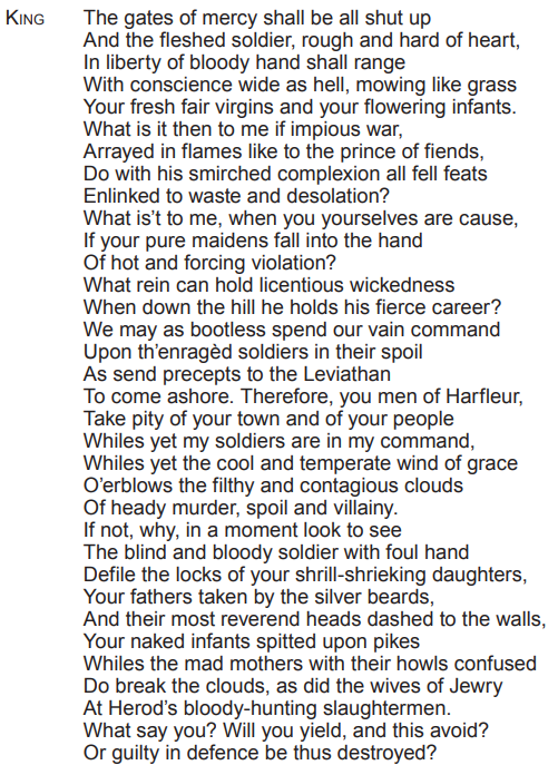 Text from a Shakespearean play with a monologue by a character named King, discussing themes of war, mercy, and destruction.