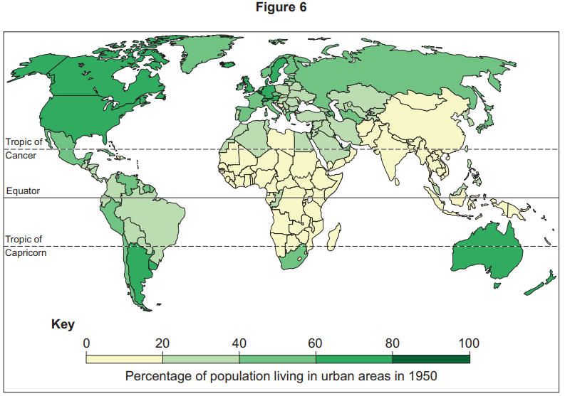 World map showing urban population percentages in 1950 with varying shades of green; darker shades denote higher urbanisation. Includes Tropics and Equator lines.