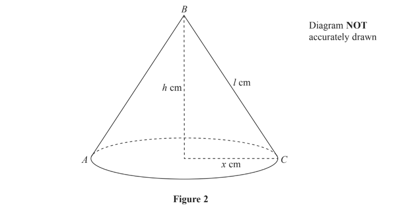 Diagram of a cone with apex B, base ABC, height h cm, slant height l cm, and radius x cm. Note states diagram not accurately drawn.