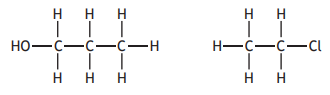 Chemical structures of ethanol with two carbon chains and hydroxyl group, and chloroethane with two carbon chains and a chlorine atom.