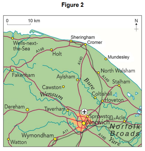 Map of Norfolk, UK, shows towns and roads, with Norwich central. Includes Norfolk Broads and nearby towns like Cromer, Holt, and Wells-next-the-Sea.