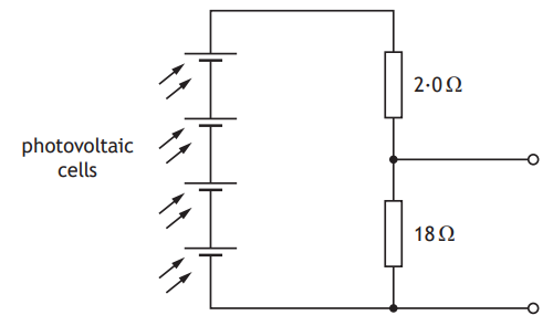 Diagram of photovoltaic cells connected in parallel to resistors of 2 ohms and 18 ohms, illustrating a simple electrical circuit setup.