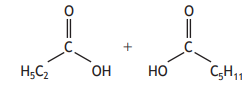 Chemical reaction showing two molecular structures: ethanol with carbonyl group and pentanol with carbonyl group, plus sign between them.