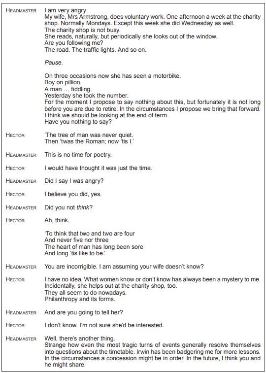 Text conversation between two characters, Headmaster and Hector, discussing charity work, a motorbike incident, and poetry. Dialogue includes frustration and poetic reflection.