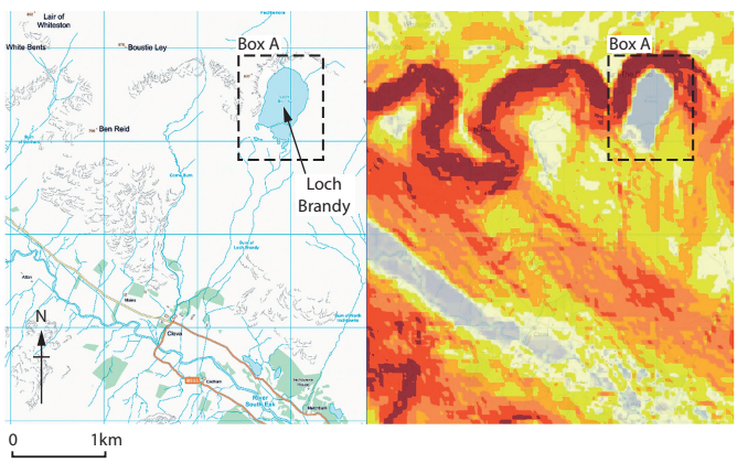 Map comparison showing Loch Brandy in Box A on the left, with terrain details. Right side: Heat map style, highlighting topographical features, 0-1 km scale.