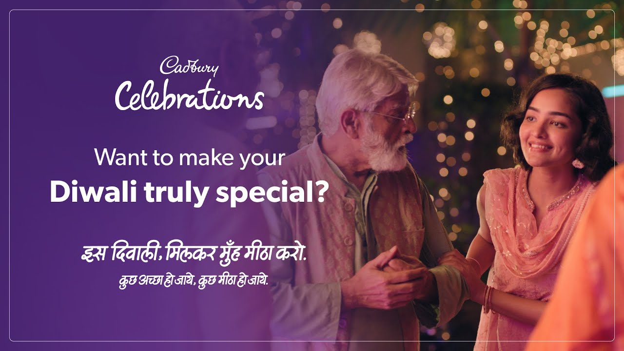 Cadbury Celebrations Diwali ad with text: "Want to make your Diwali truly special?" showing an elderly man and a smiling young woman in festive attire.