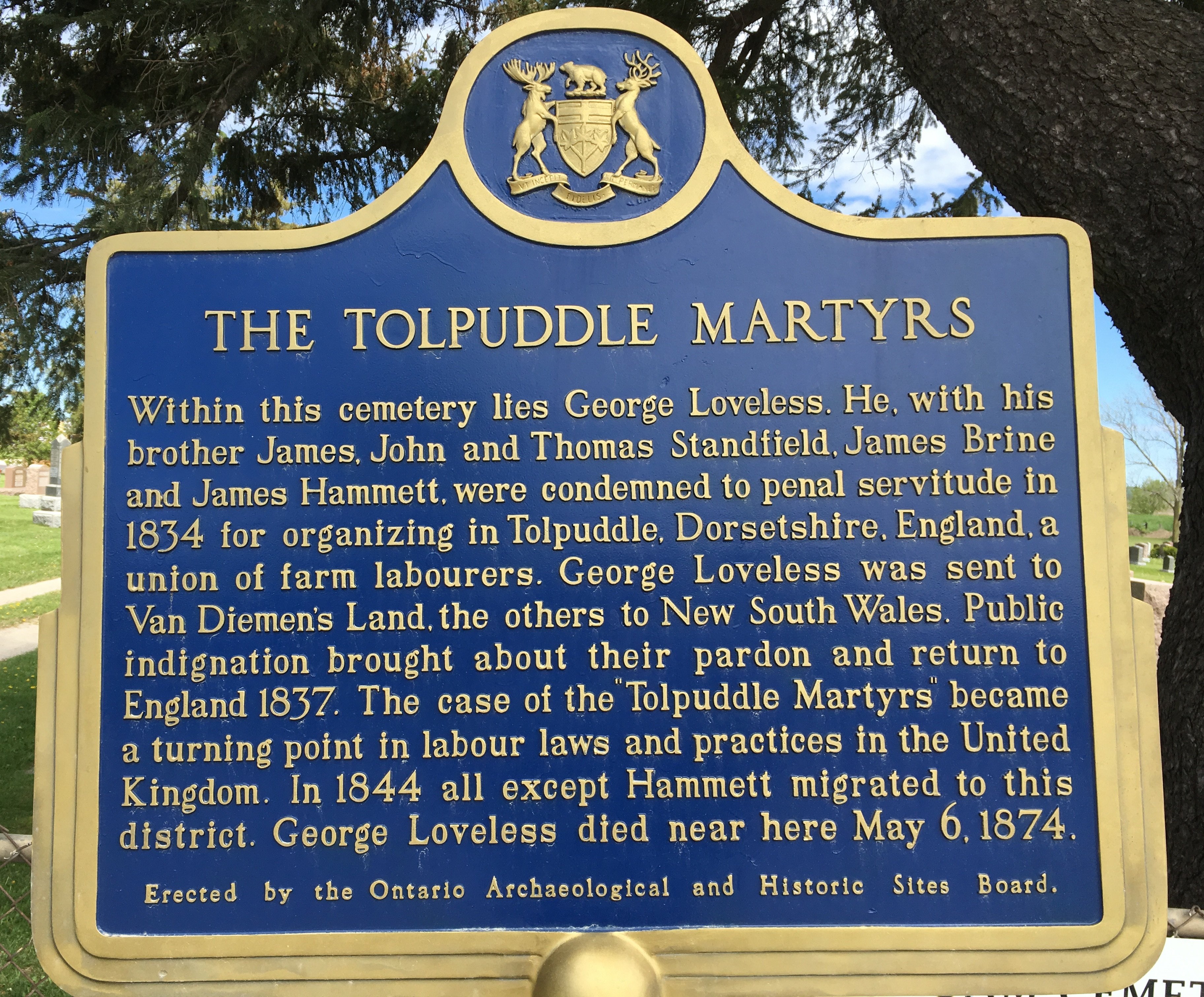 A commemorative plaque for the Tolpuddle Martyrs, with a brief outline of the story and its implications for employment law