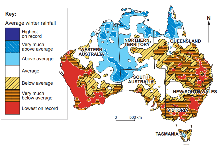 Map of Australia showing average winter rainfall. Areas range from highest on record in blue to lowest on record in red, with a detailed key.