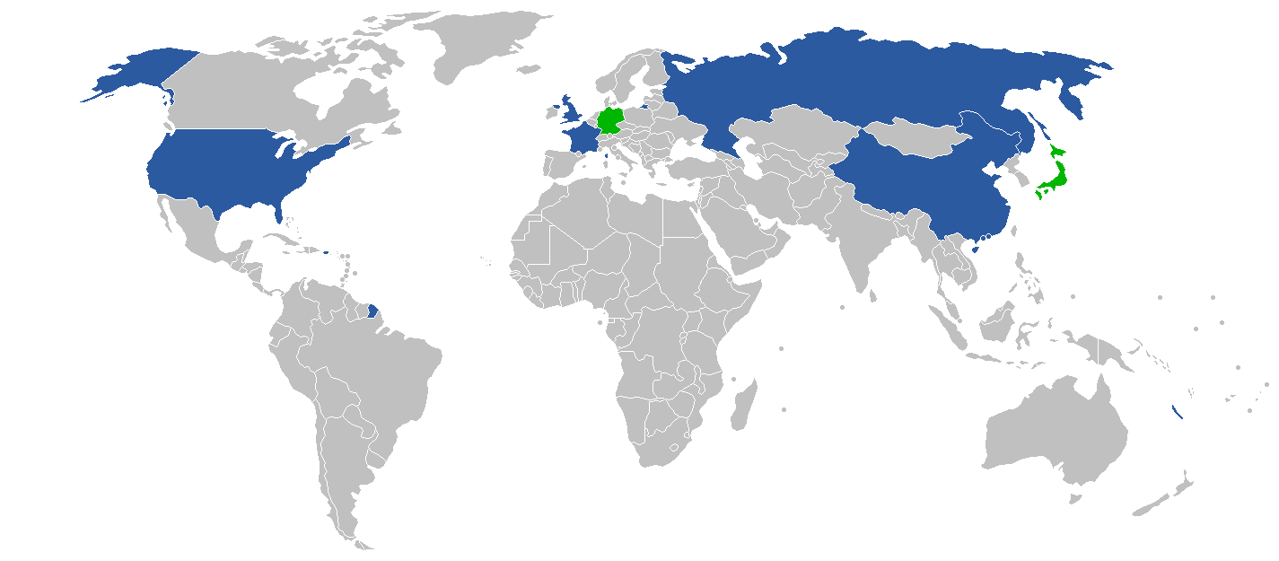 World map highlighting countries in blue and green, with blue including the USA, UK, Russia, and green marking Germany and Japan. The rest are grey.