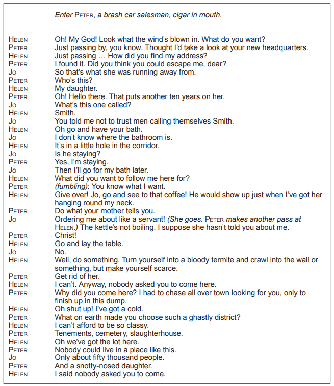 A dialogue excerpt from a play featuring characters Helen, Peter, and Jo. Peter, a brash car salesman, interacts tensely with Helen and Jo in a domestic setting.