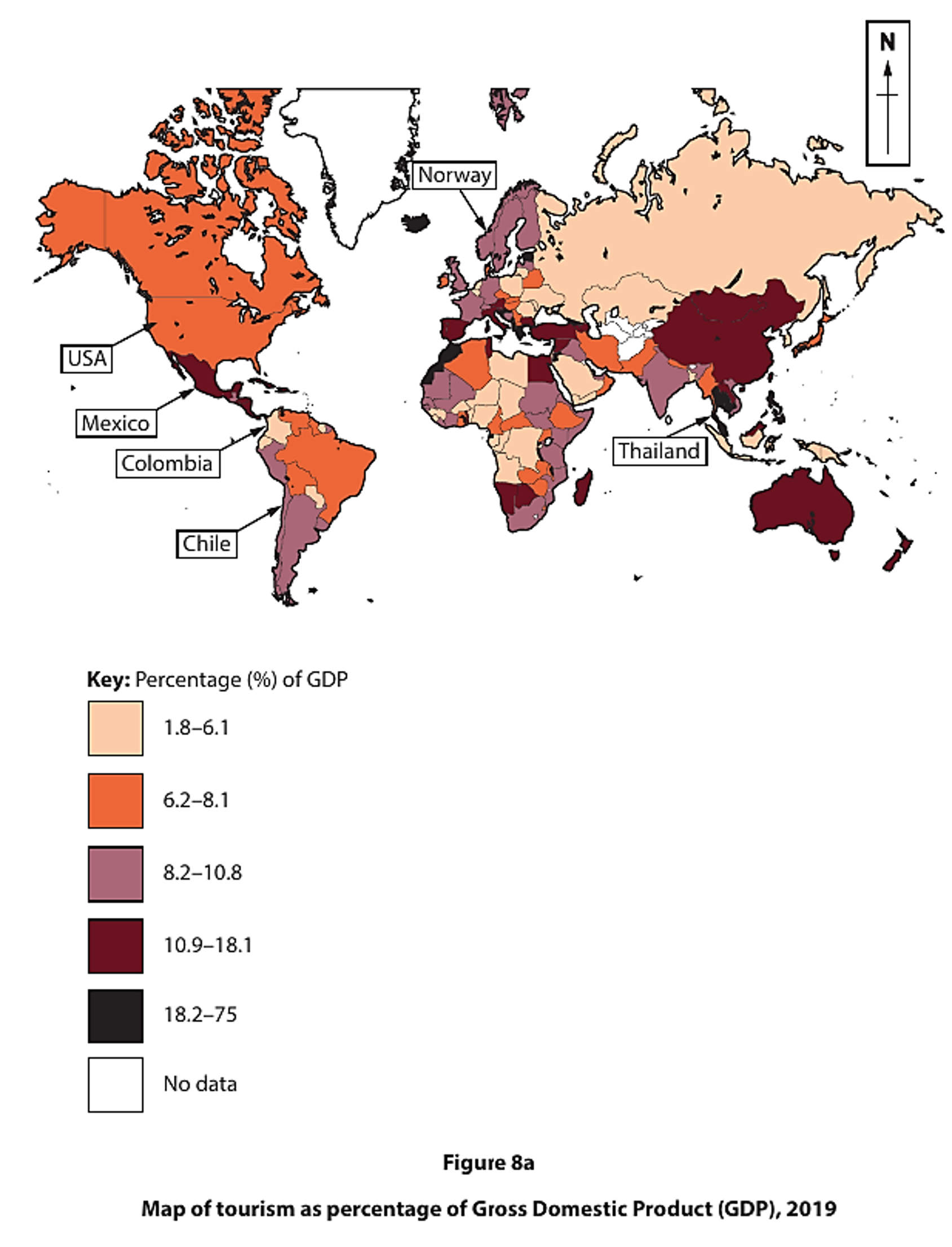 World map showing tourism as a percentage of GDP in 2019, with countries coloured from light peach to dark brown indicating increasing percentage.