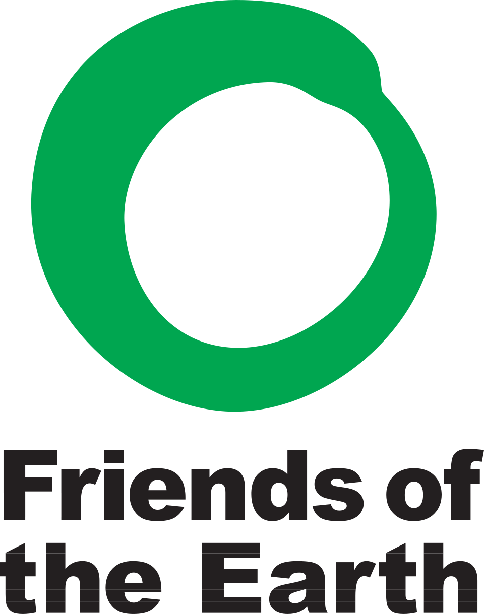 Green circle logo of Friends of the Earth, a black text underneath reads "Friends of the Earth" in bold capital letters, environmental organisation.