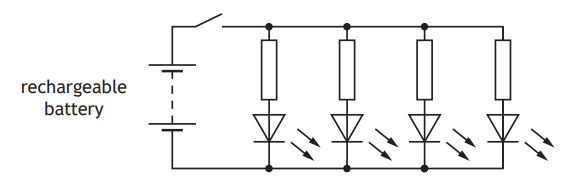 Diagram of a circuit with a rechargeable battery, switch, four LEDs in parallel, each paired with a resistor and emitting light.