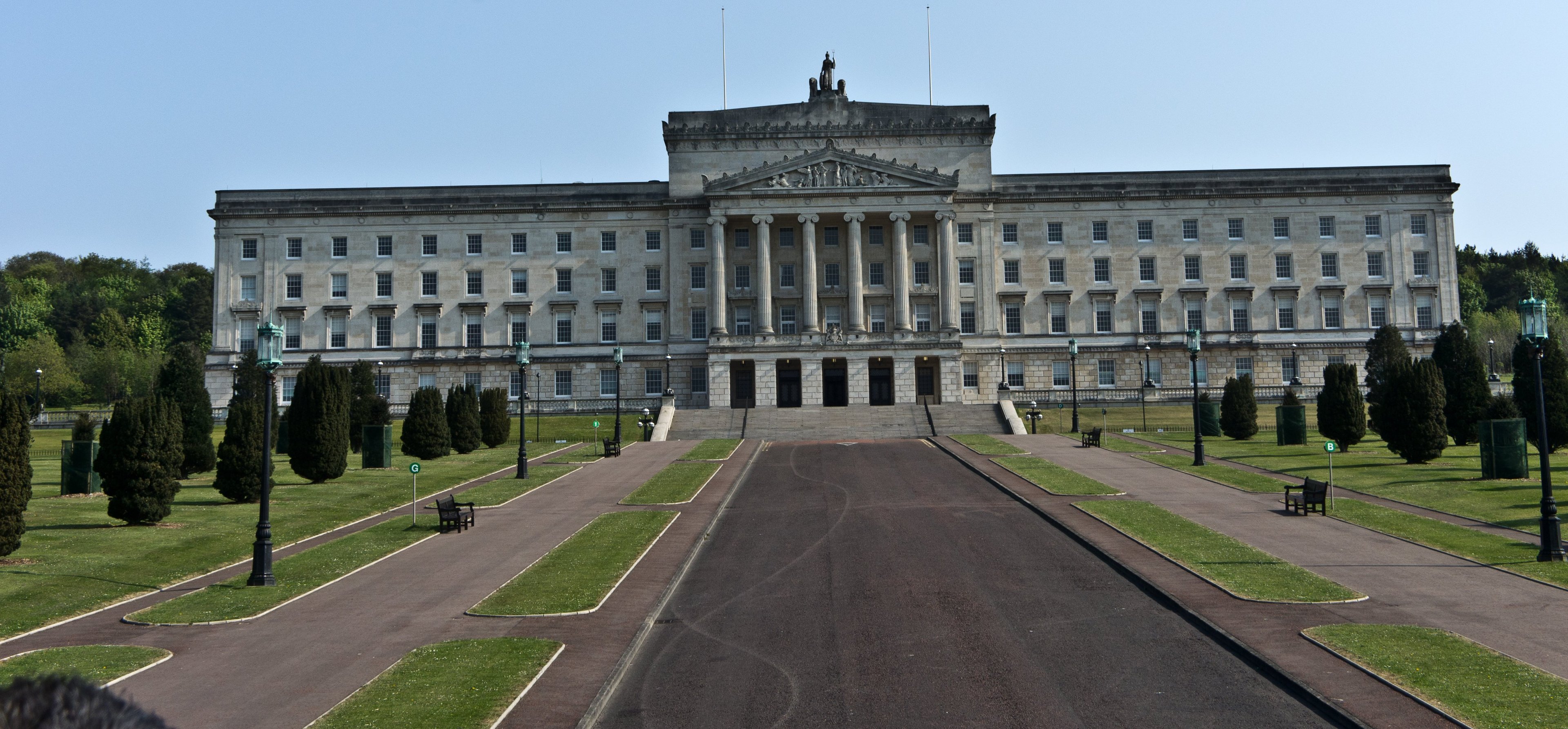 The Northern Irish Assembly building within ornate grounds at Stormont, Belfast