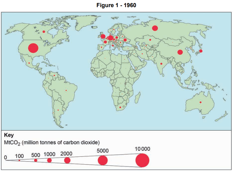 World map showing CO2 emissions in 1960 by country. Red circles indicate emission levels, with larger circles for higher emissions. Europe, USA, and USSR prominent.